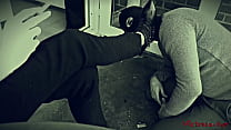 Domme smoking while sub is licking her black shoes